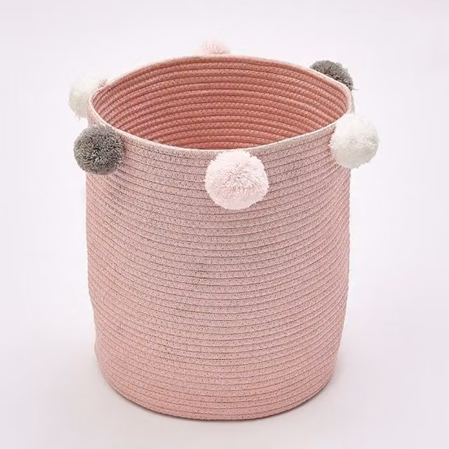 Livingandhome Pink Cotton Rope Woven Laundry Basket Organizer with Pompoms