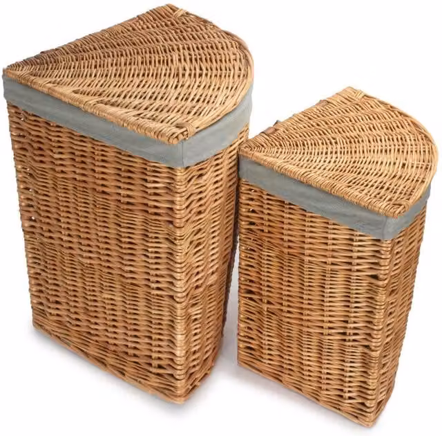 Red Hamper Set of 2 Light Steamed Corner Linen Baskets with Grey Sage Lining and Removable Cotton Bags