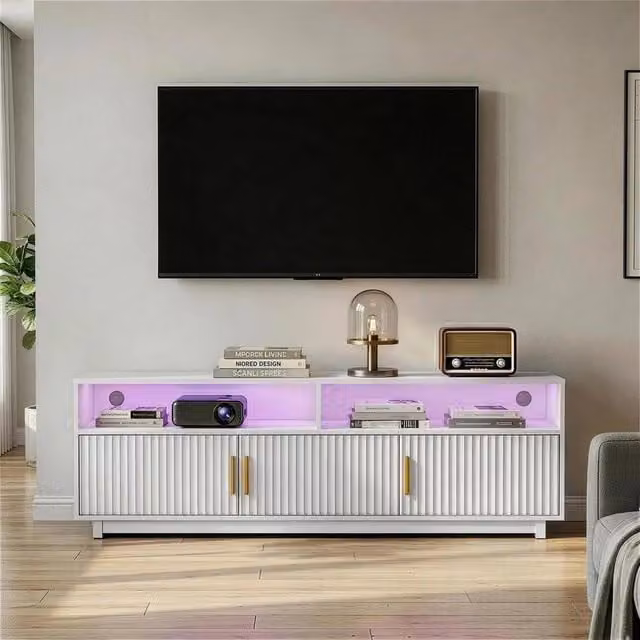 EONLION White LED TV Unit with Integrated RGB Lighting and Grille Doors, Width: 160 cm