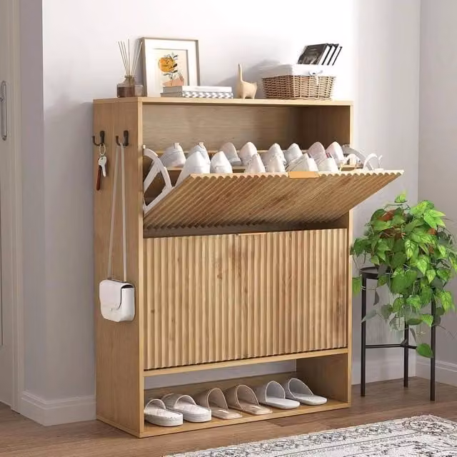 Havendro Scandinavian Narrow Freestanding Shoe Cabinet with Tilting Compartments in Sand – 1