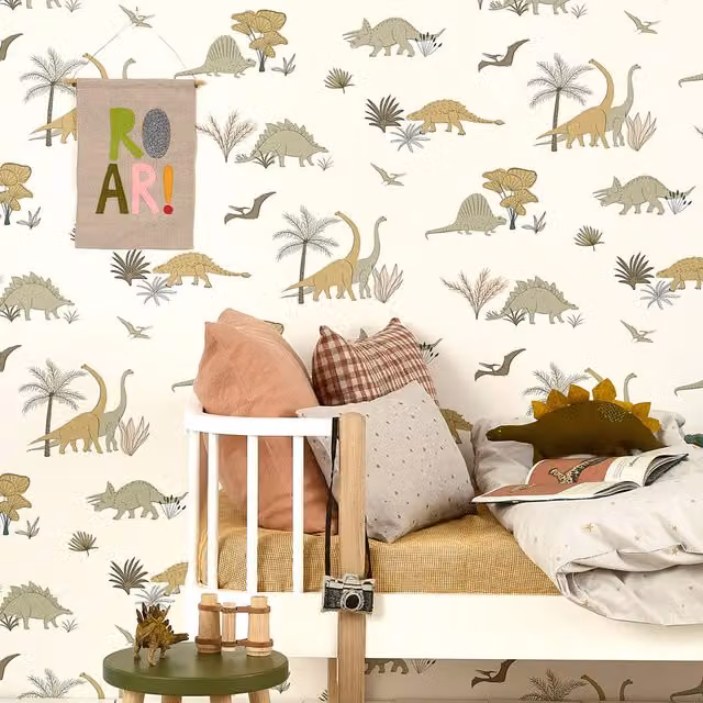 Hibou Design Dinosaurs Non-Woven Wallpaper in Grey/Olive