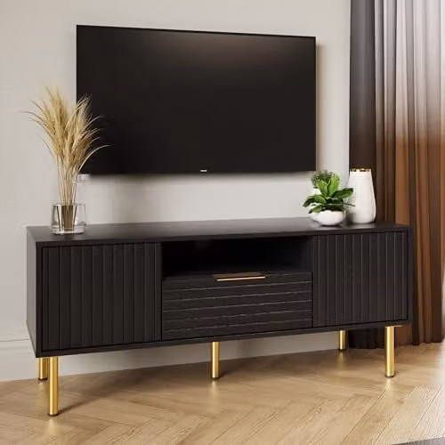 GFW Nervata Art Deco TV Unit in Black and Gold with 2 Doors and 1 Drawer, W/D/H: 119.5 x 39.0 x 49.0 cm – 1