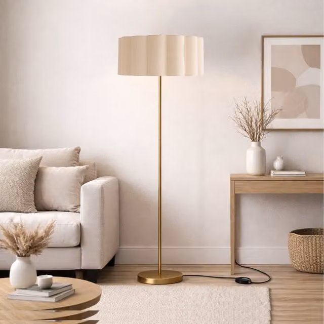 CGC Lena Brushed Gold Straight Floor Lamp with Large Scalloped Cream Fabric Lampshade, Height: 163 cm, Width: 48 cm