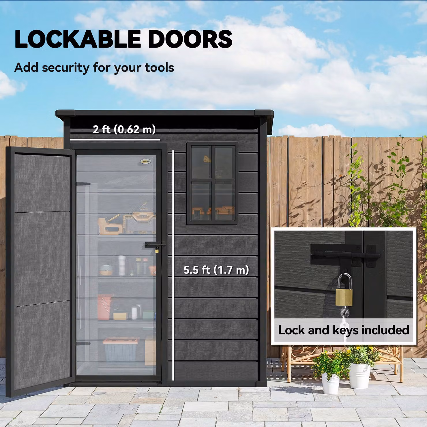 Outsunny Dark Grey Garden Storage Shed with Floor, Window and Lockable Door, W: 152.4 cm, D: 91.44 cm, H: 152.4 cm – 5