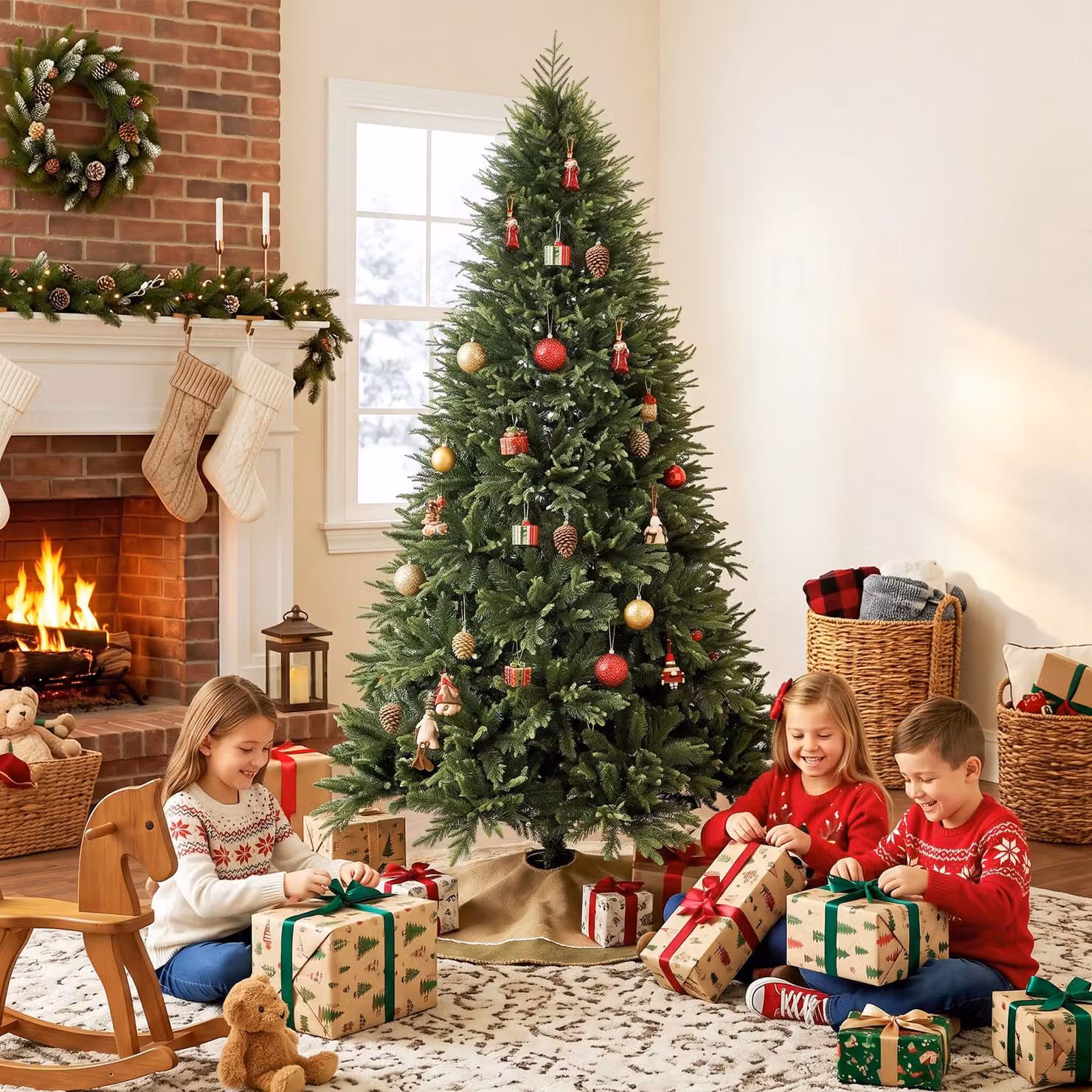 HOMCOM 7ft Artificial Christmas Tree with Realistic PE and PVC Branch Tips and Fir Wood Base, Green – 7