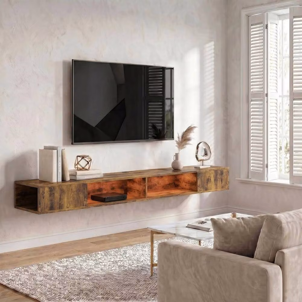 NESTLUNE Industrial Brown Wood TV Stand with Integrated LED Lighting, W: 100 cm, D: 15 cm – 5