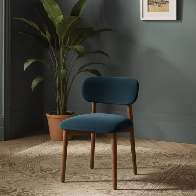 Atkin and Thyme Layla Dining Chair in Petrol Blue Velvet with Oak Wood Legs