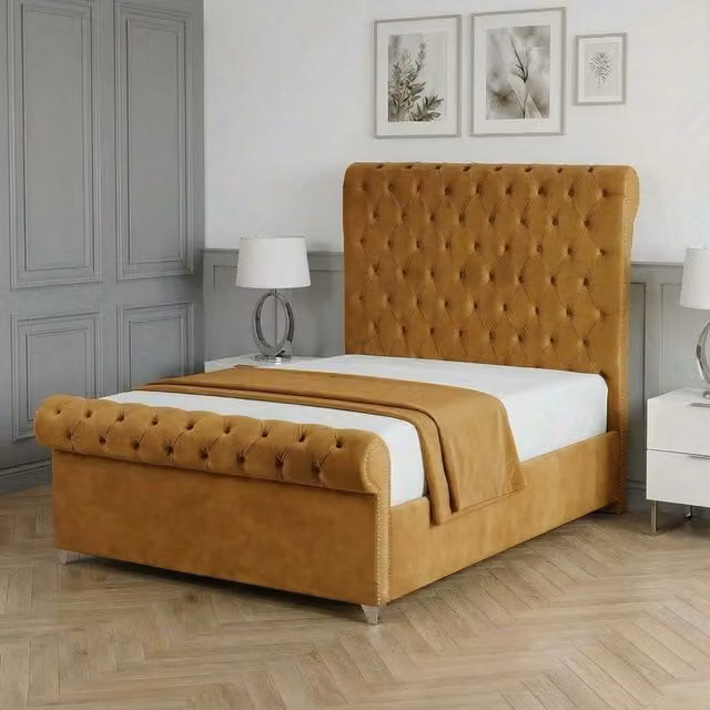 Living Comfort Bedz Regency Sleigh Ottoman Gas Lift Upholstered Velvet Bed in Yellow, Single, W/D/H: 90 x 200 cm