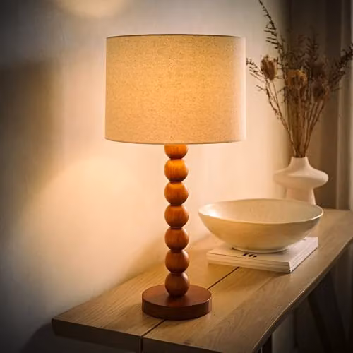 ValueLights Wyatt Bobbin Table Lamp with Natural Linen Drum Shade and LED Bulb, Brown Wood – 2