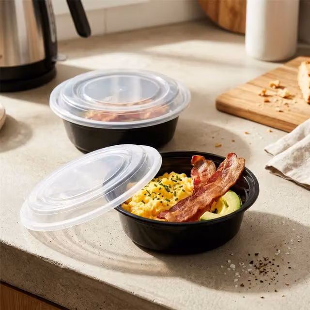 Harbour Housewares Pack of 120 Black Round Reusable Meal Prep Containers with Snap Lids, 880ml each
