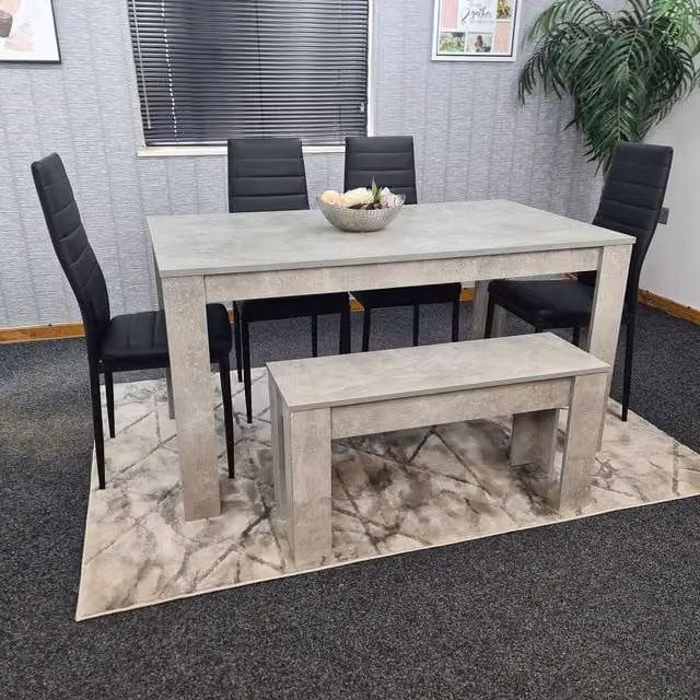 Kosy Koala Modern Rectangular Dining Set with Table, 4 Metal Chairs and 1 Bench in Black and Grey
