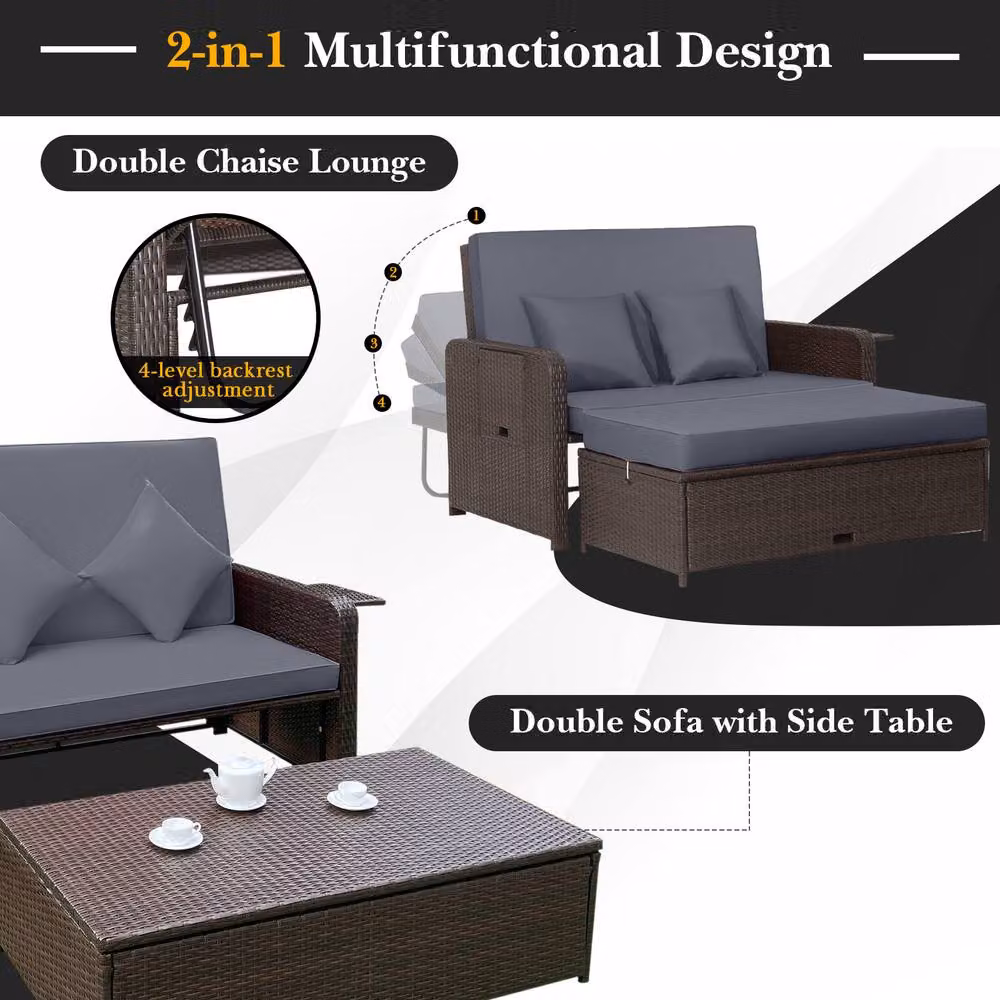 Costway Grey Polyrattan Patio Daybed Set with Loveseat Sofa, Ottoman and Side Tray – 11