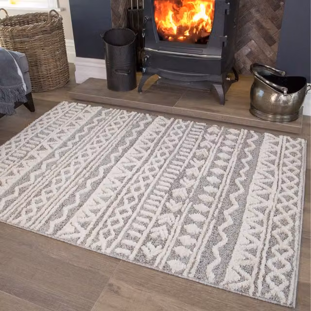 The Rug House Aztec Geometric Soft Scandi Shaggy Area Rug in Grey and White, W: 110 cm, D: 60 cm