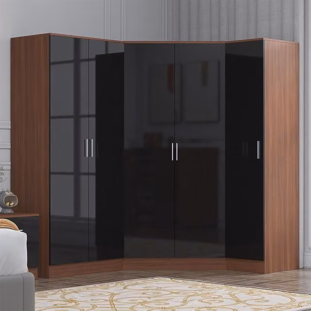 REFLECT Wardrobe Door Bundle with 2 Door Corner, 2 Door Plain and 1 Door Plain in Black Gloss and Matt Walnut