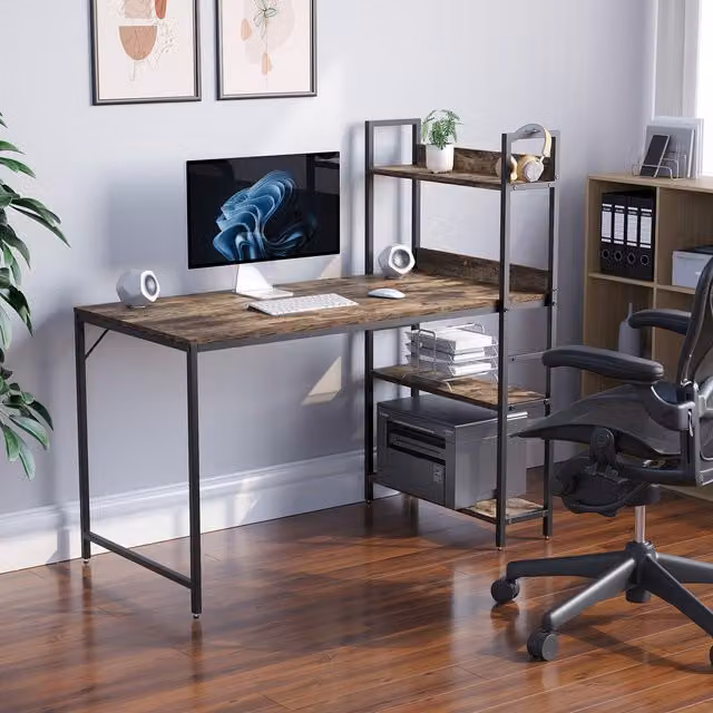 Vida Designs Brooklyn Industrial Computer Desk with 3 Shelves in Brown Wood