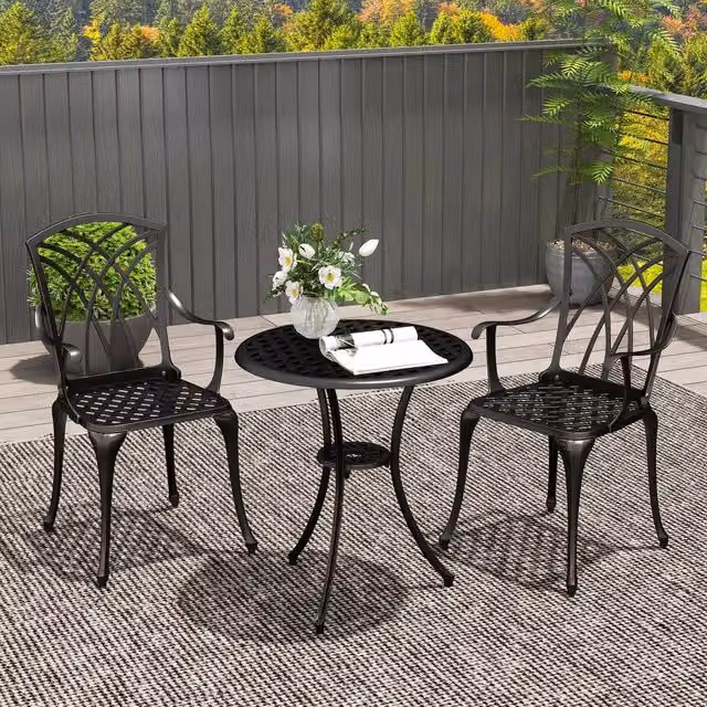Outsunny 3 Piece Metal Garden Bistro Set with Umbrella Hole in Bronze and Black