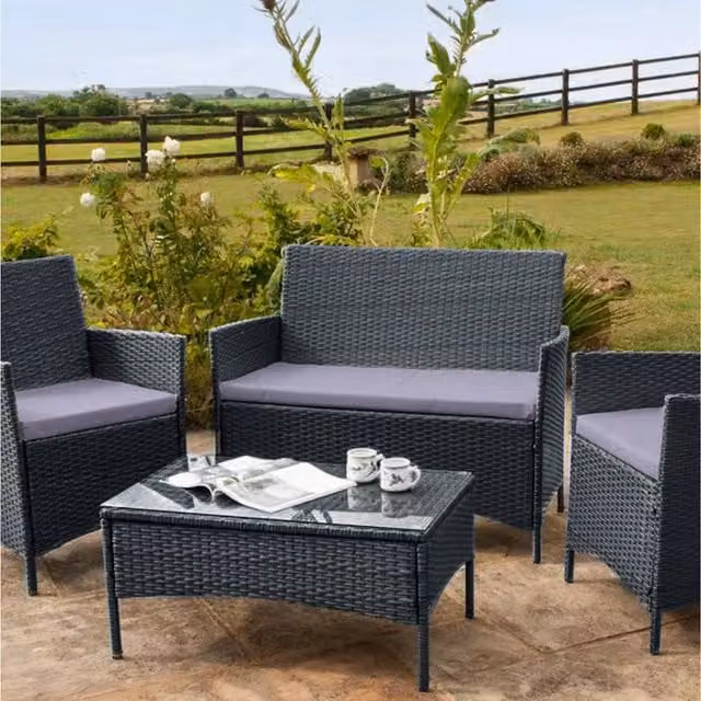 Comfy Living Modern 4 Piece Rattan Garden Furniture Set with Glass Top in Grey