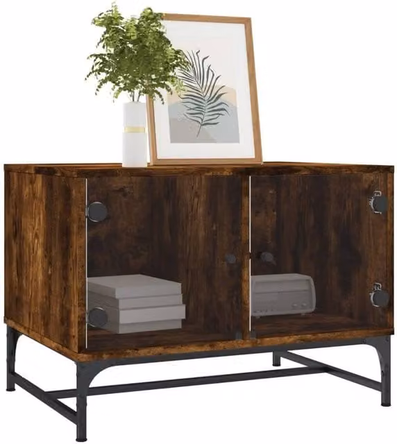 Berkfield Home Modern Coffee Table with Glass Doors in Smoked Oak Brown, W/D/H: 68.5 x 50 x 50 cm