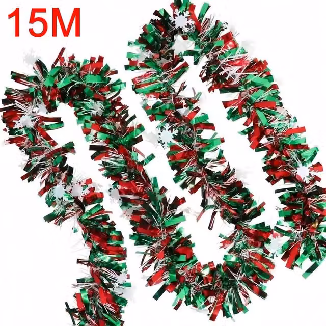 FLAVORA Christmas Snowflake Tinsel Garland in Red and Green, 15 m