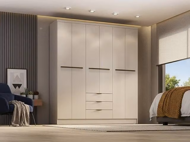 Peroli Vente-unique Wardrobe with 6 Doors and 3 Drawers in Beige, W: 180 cm, H: 206 cm, D: 46.5 cm