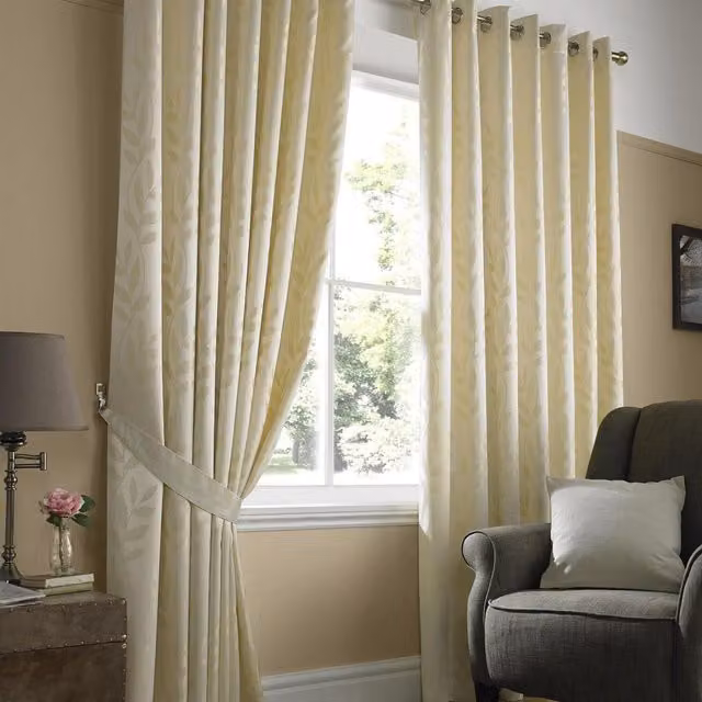 Tivoli Floral Jacquard Fabric Panel Curtains in Beige and Yellow, W: 183 cm, H: 229 cm
