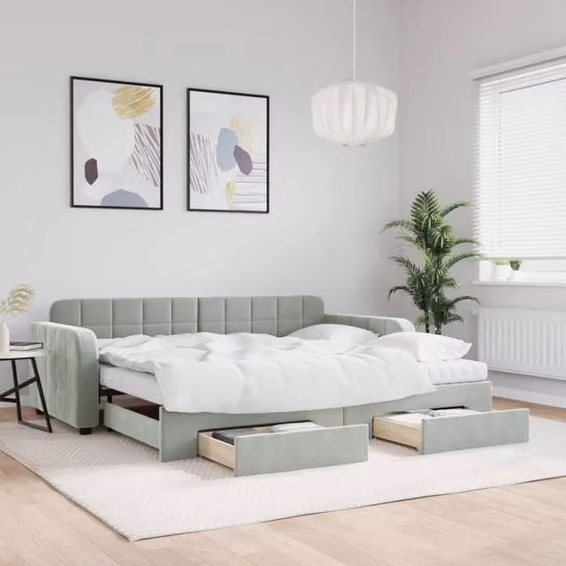 Berkfield Home Velvet Daybed with Trundle and Drawers in Light Grey, W/D/H: 90 x 190 cm – 1
