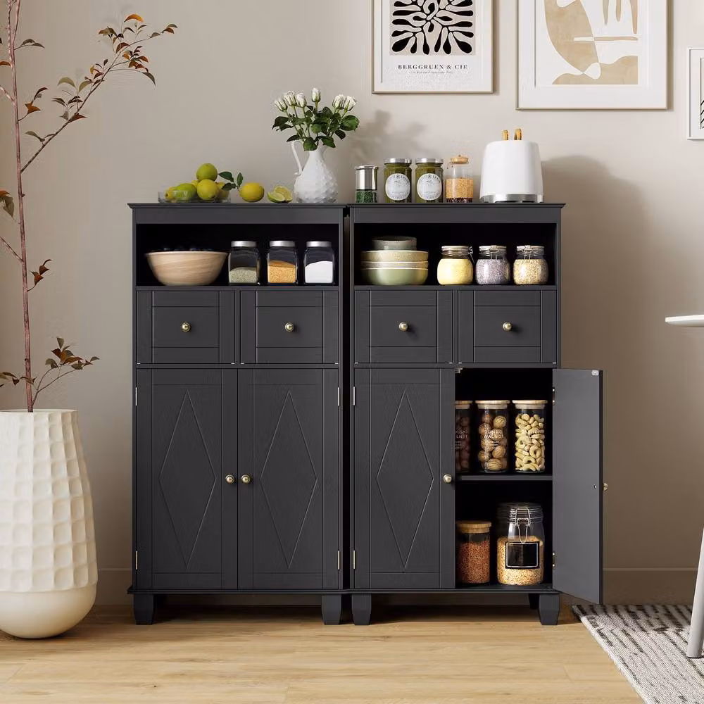 Costway Modern Black Bathroom Floor Storage Cabinet with Drawers and Shelves – 5