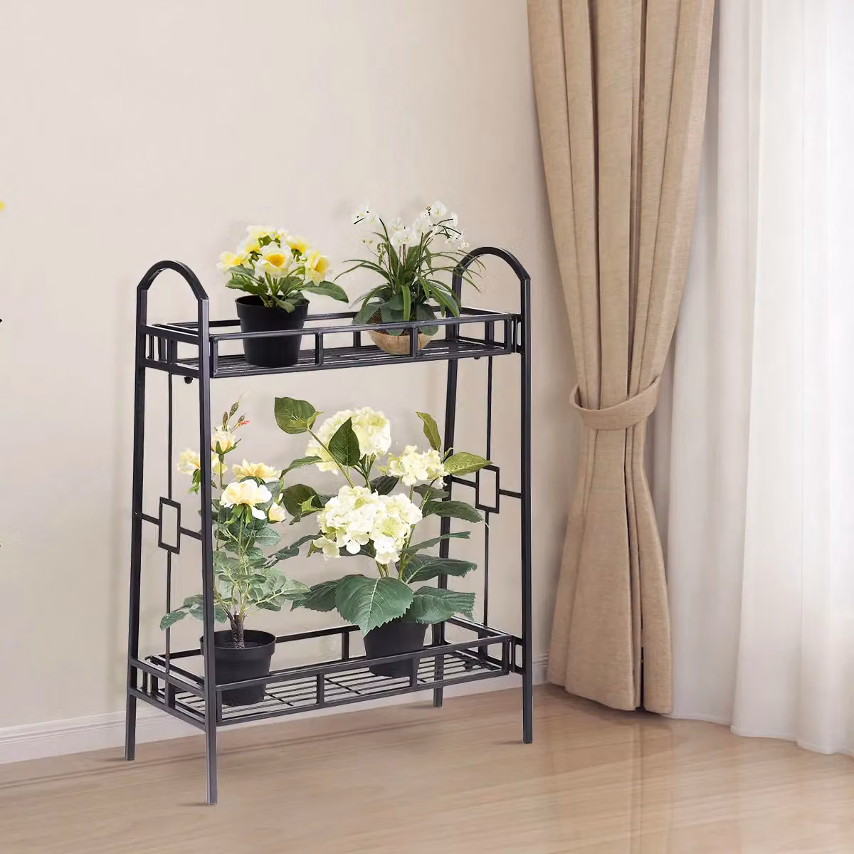 Gymax 2 Tier Metal Plant Stand and Flower Pot Display Rack in Matt Black – 3