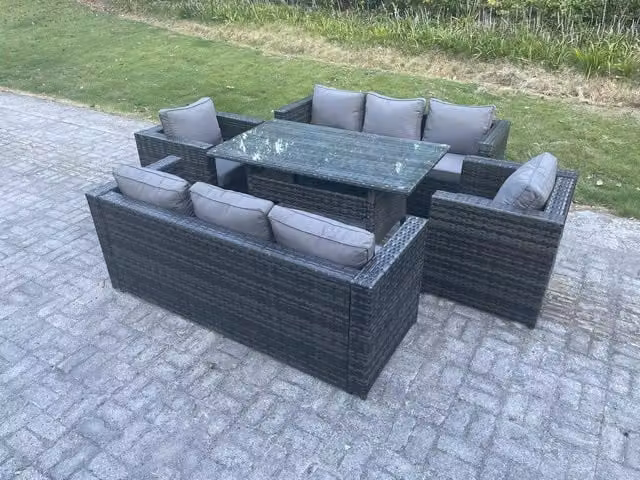 Fimous 8 Seater Outdoor Lounge Sofa and Rattan Garden Furniture Set with Armchairs and Rectangular Dining Table in Dark Grey