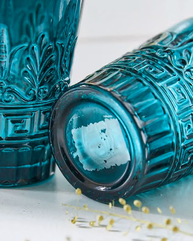 Dibor Set of 2 Blue and Turquoise Art Deco Geometric Embossed Glass Tumblers, 280ml per glass – 3