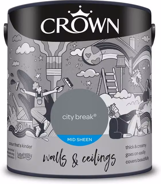 Crown Walls and Ceilings Mid Sheen Emulsion City Break Grey 2.5l