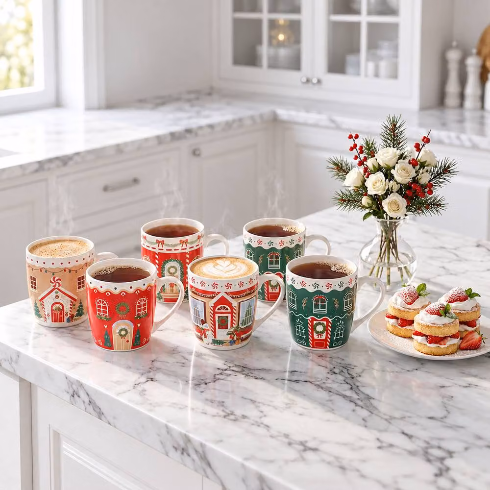 Simpa Christmas Village Bone China Mug Collection, Multicolour, Set of 6, 350ml per mug – 2