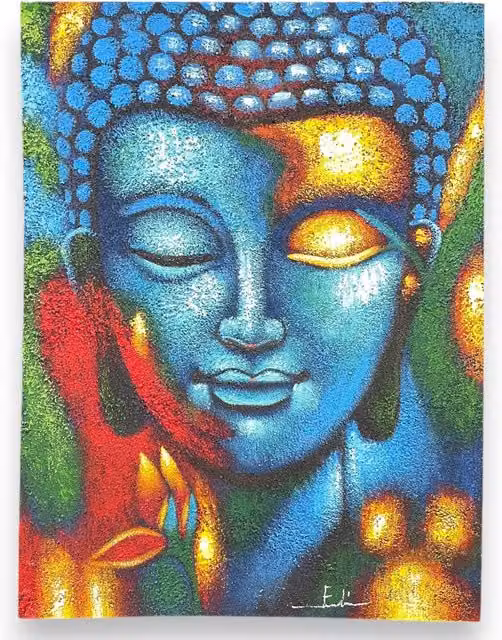 KDMD Buddha Floral Canvas Painting in Blue and Gold, W: 75 cm, H: 55 cm – 1