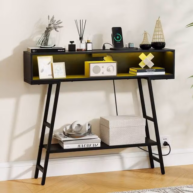 Costway 3-Tier Industrial Console Table with LED Light in Black