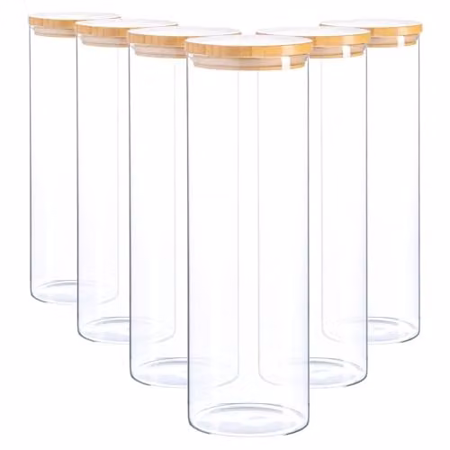 Argon Tableware Scandi Airtight Glass Storage Jars with Wooden Lids, 2 Litre, 6 Pack, Transparent – 1