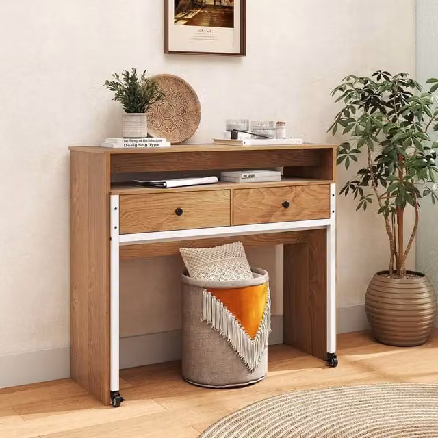 Costway Extendable Modern Computer Desk with Drawers and Castors in Brown