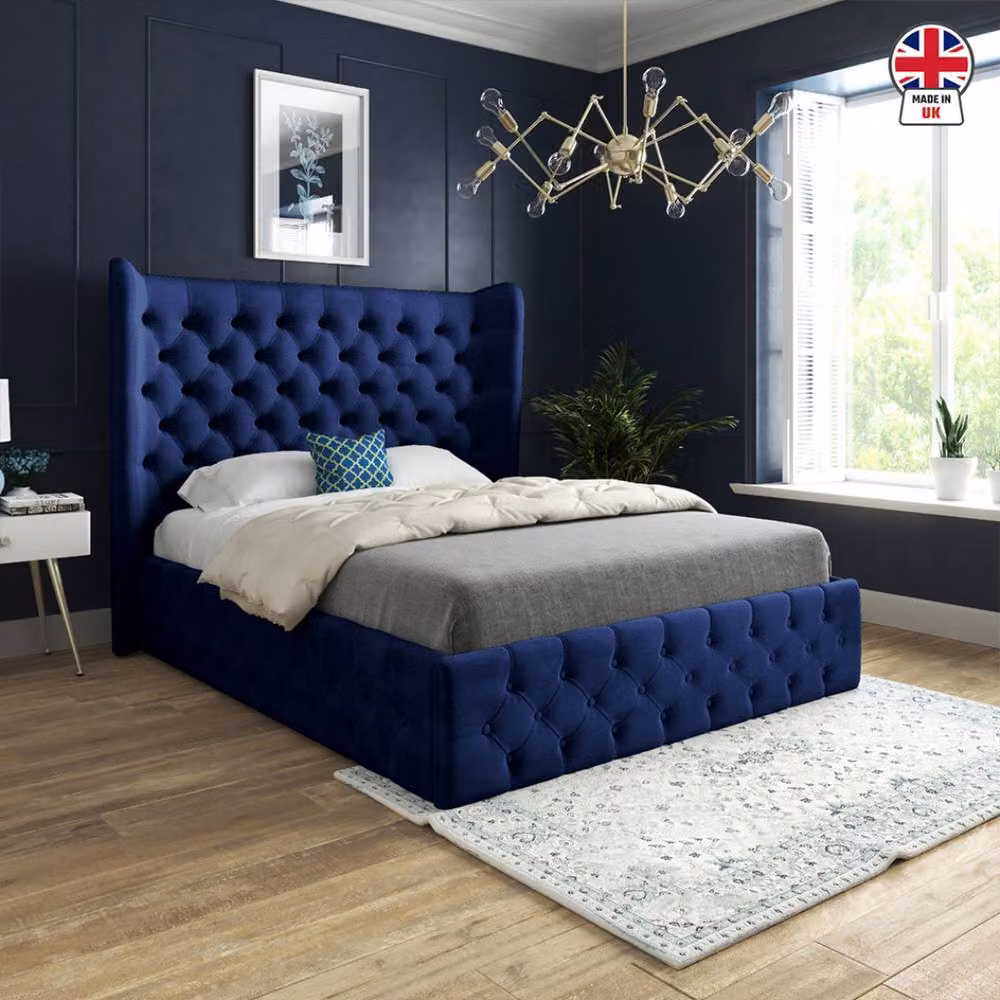 Casani Ickworth King Size Upholstered Velvet Designer Bed Frame in Blue, W/D/H: 180 x 137 x 189 cm – 3