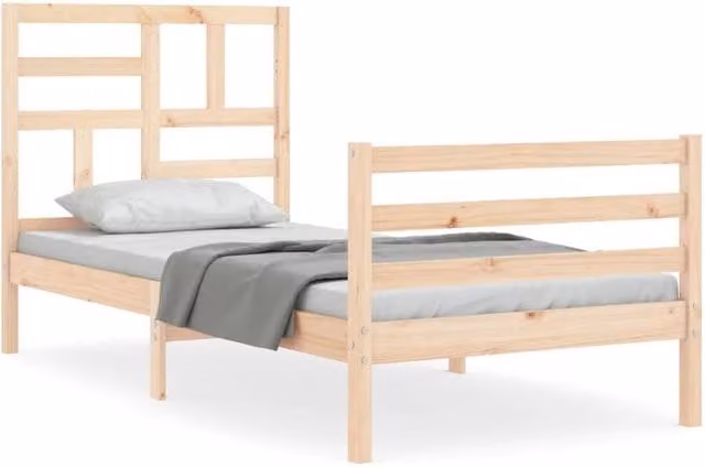 Berkfield Home Solid Wood Bed Frame with Headboard in Beige, W/D/H: 90 x 200 cm