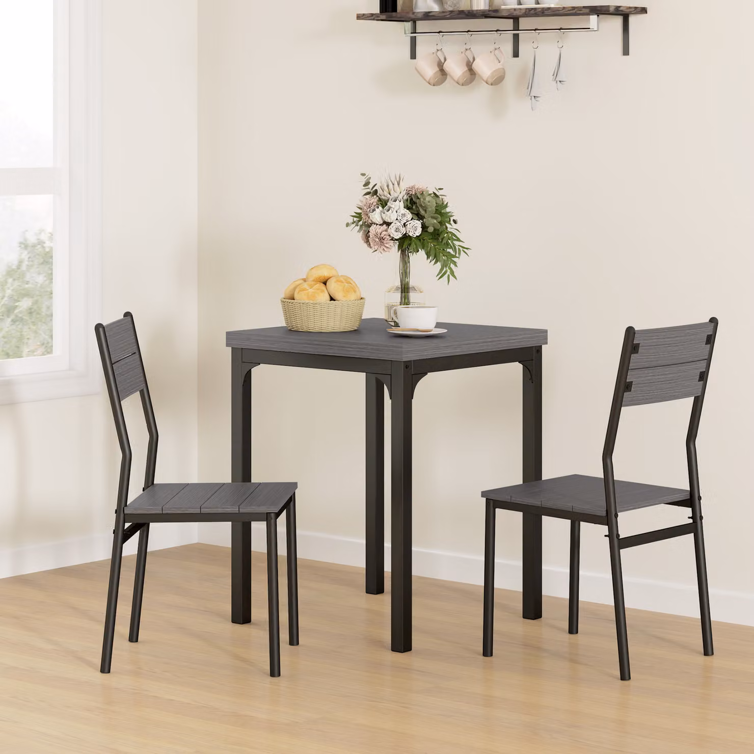 HOMCOM Three-Piece Minimalist Dining Set in Grey Wood Grain with Square Table and Three Chairs – 2