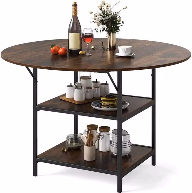 VOGREX Round Industrial Dining Table in Brown, Diameter: 120 cm, Height: 76 cm – 1