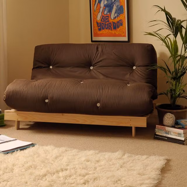 Comfy Living Chocolate 2 Seater Wooden Luxury Futon Sofa Bed in Brown