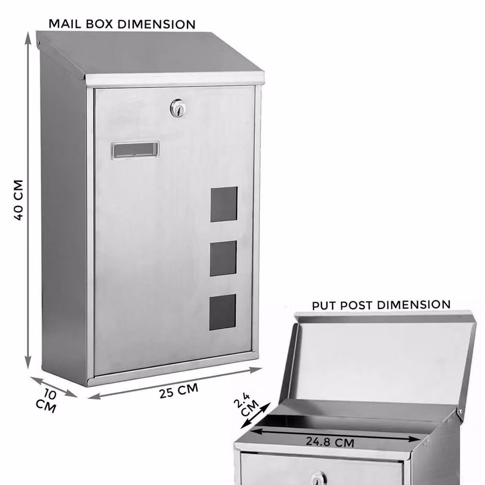 VOGREX Large Stainless Steel Lockable Wall Mounted Letterbox in Silver, W/D/H: 40 x 25 x 10 cm – 2