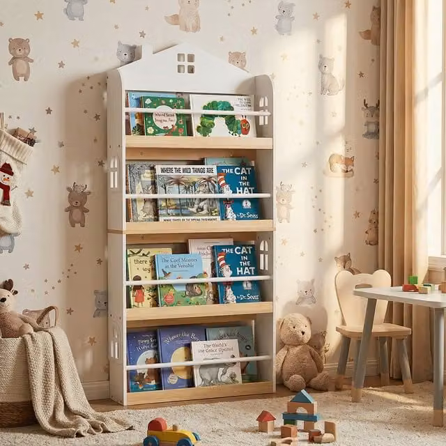 Costway White Metal House Shaped Book Display Rack for Children's Rooms
