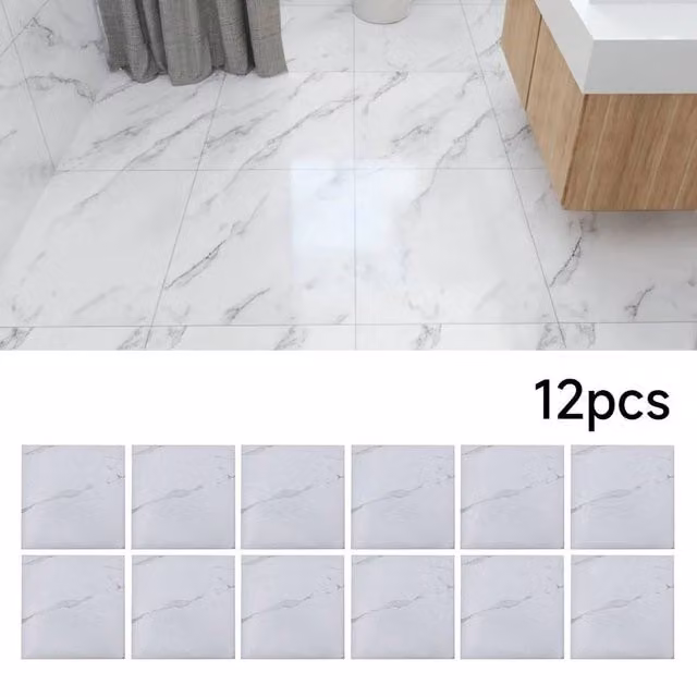 Kelvenix Set of 12 Self-Adhesive White Marble Stone-Look Floor Tiles, W: 52 cm, D: 52 cm, H: 0.3 cm