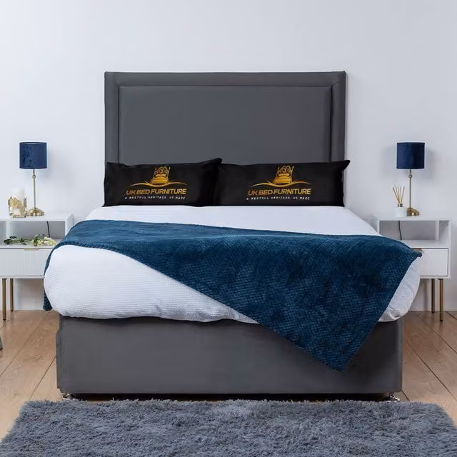 UK Bed Furniture Ascot Divan Bed Base with 26 Inch Headboard, Charcoal Grey, W/D/H: 200 x 200 cm
