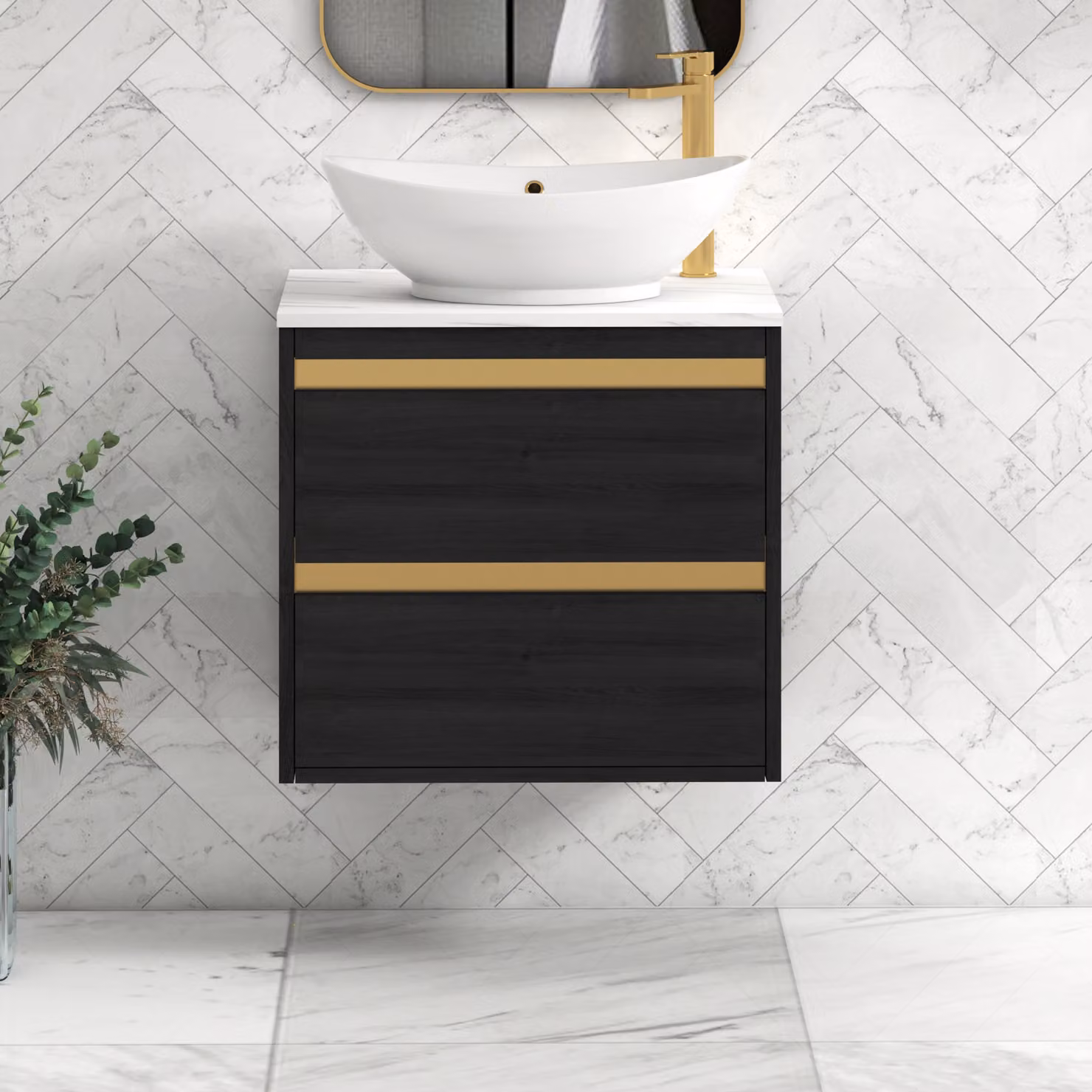Royal Bathrooms Orion 800mm Hale Wall Hung Vanity Unit in Black with Carrara White Amaze Basin and Brushed Brass Accent Trim