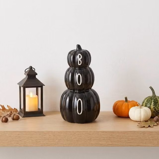 Garden Greatness Boo Pumpkin Stack Ceramic Tabletop Ornament in Black and Multicolour