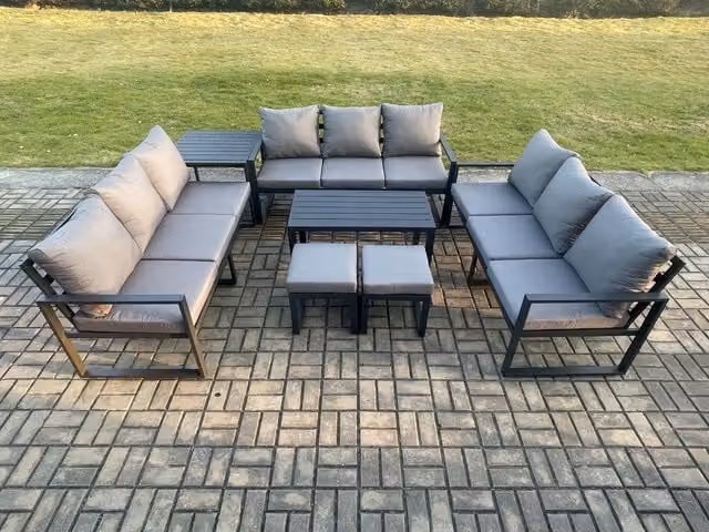 Fimous 11 Seater Outdoor Garden Furniture Set in Dark Grey with Powder Coated Aluminium Frame, Oblong Coffee Table, 3 Seater Sofa, Side Table and 2 Ottomans with Cushions