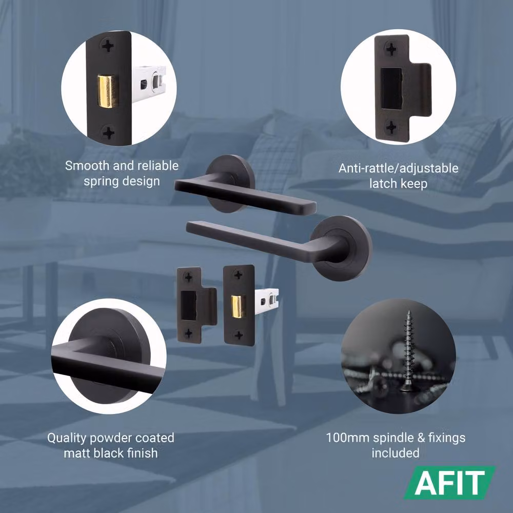 AFIT Matt Black Aluminium Door Handle and Latch Set, 5 Pack, W/D/H: 15 x 15 cm – 3