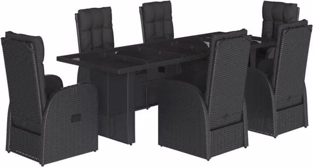 Berkfield Home 7 Piece Black Poly Rattan Garden Dining Set with Cushions and Glass Top – 1